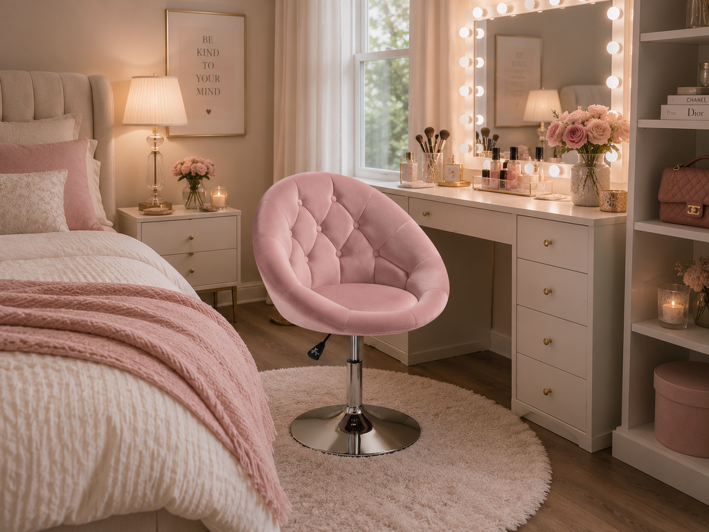 Pink Velvet Round Tufted Swivel Vanity Chair