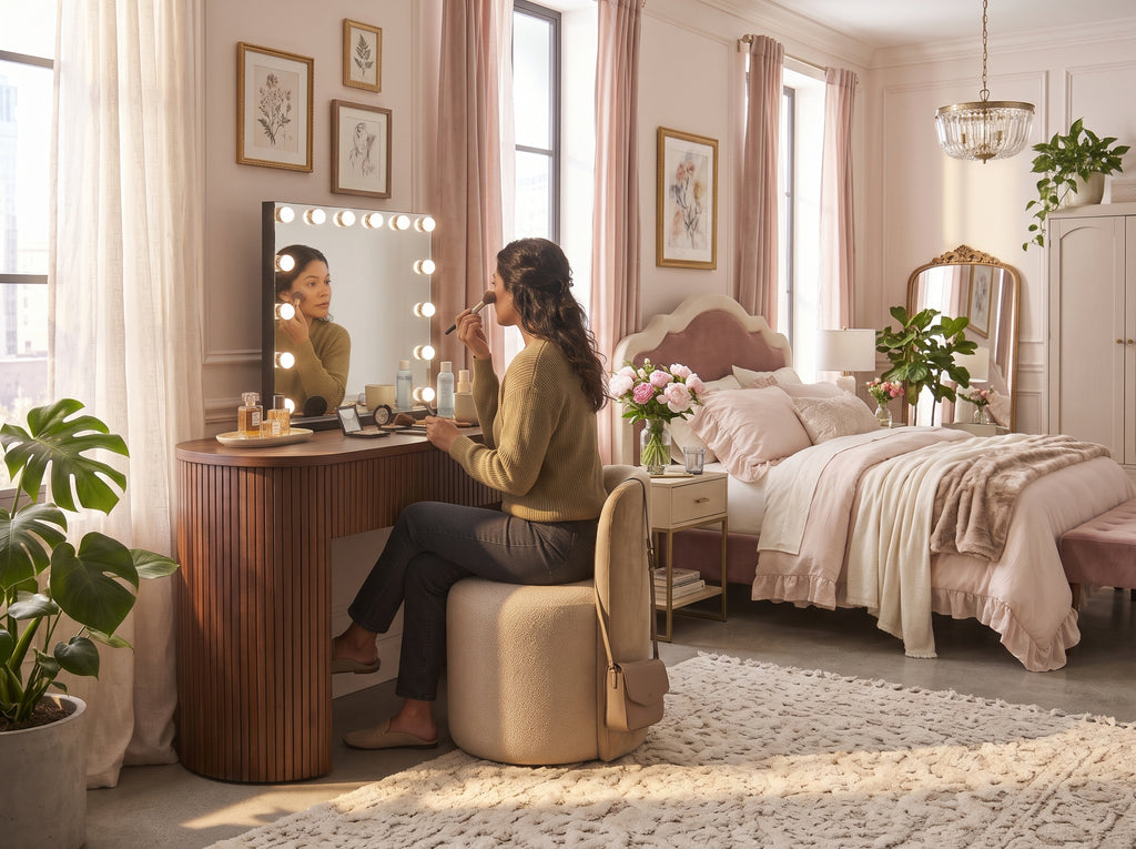 The Nadine Fluted Hollywood Makeup Vanity Station - Brown