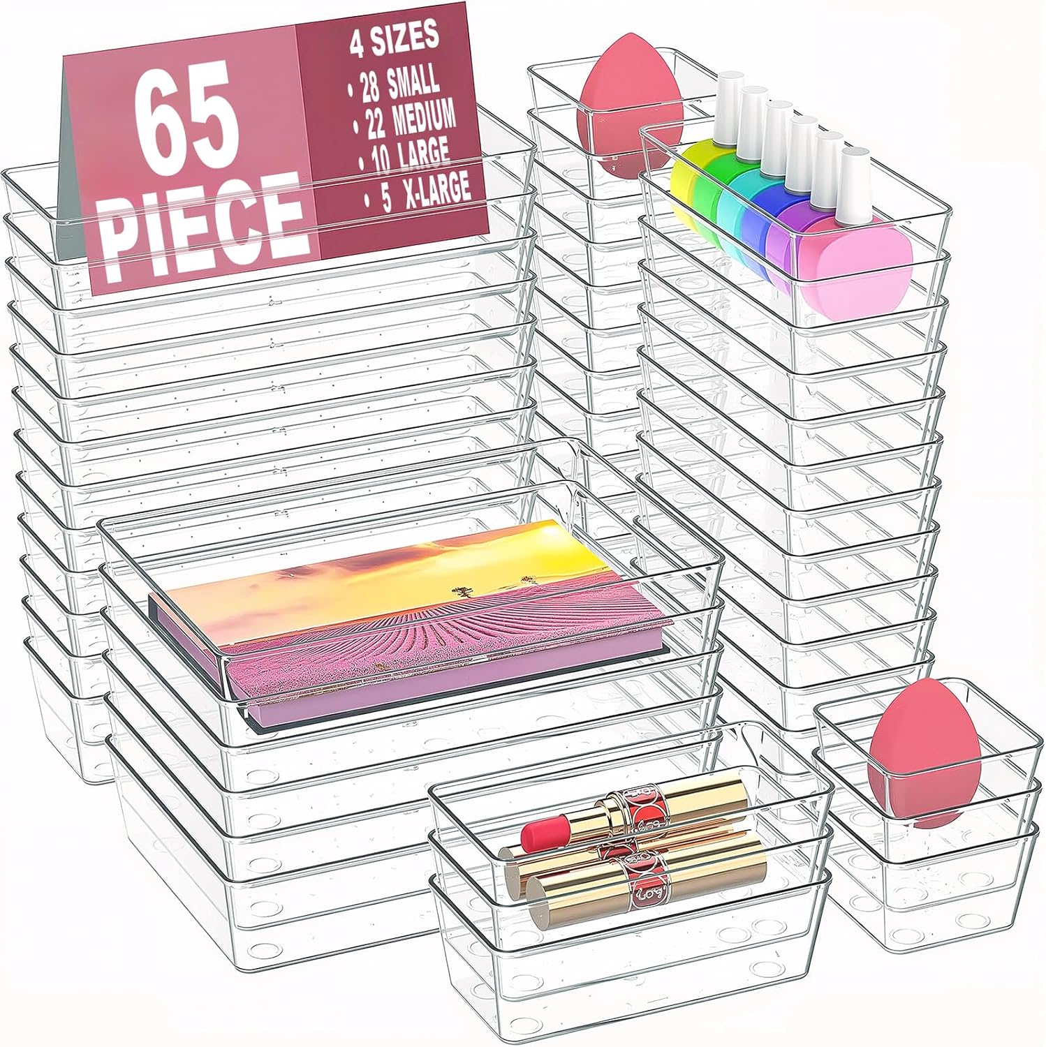 65 Piece Clear Acrylic Drawer Organizer Set