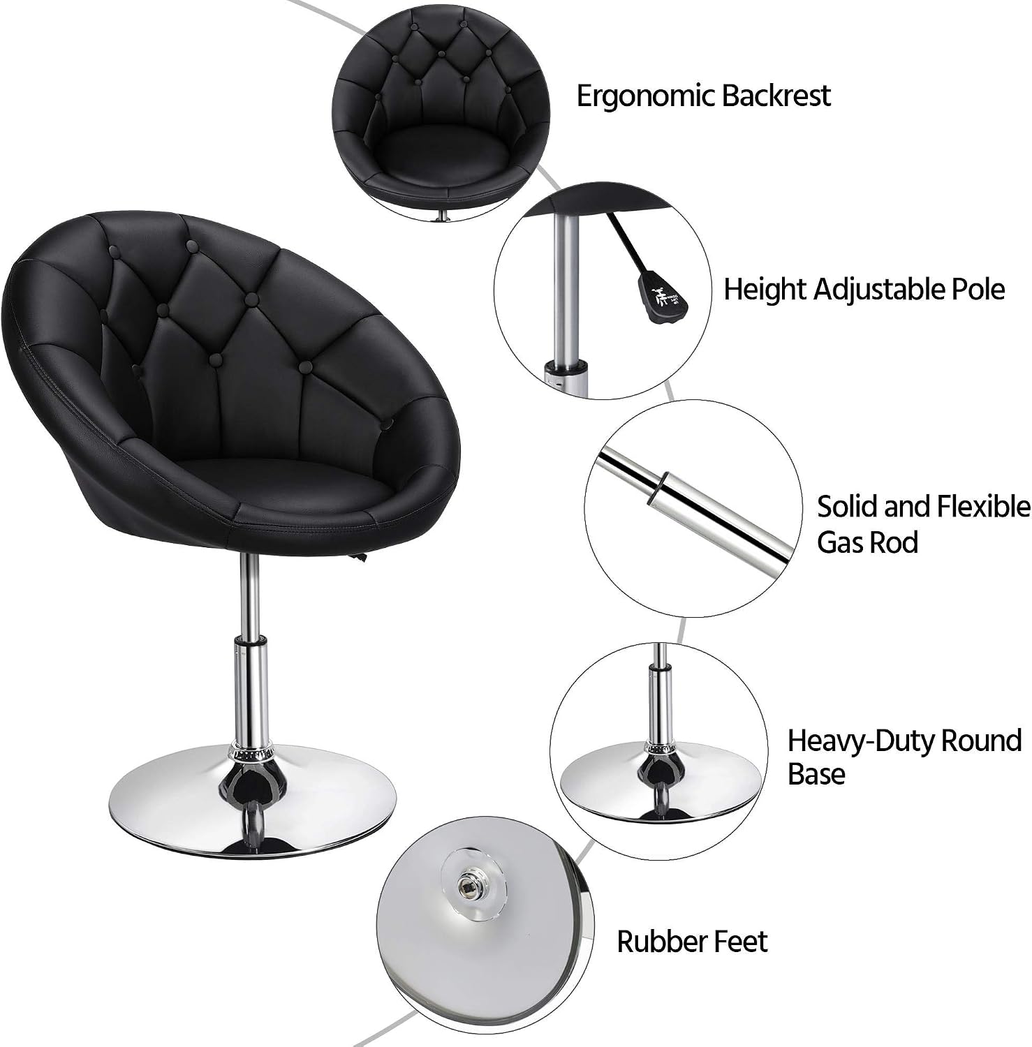 Black Leather Round Tufted Swivel Vanity Chair