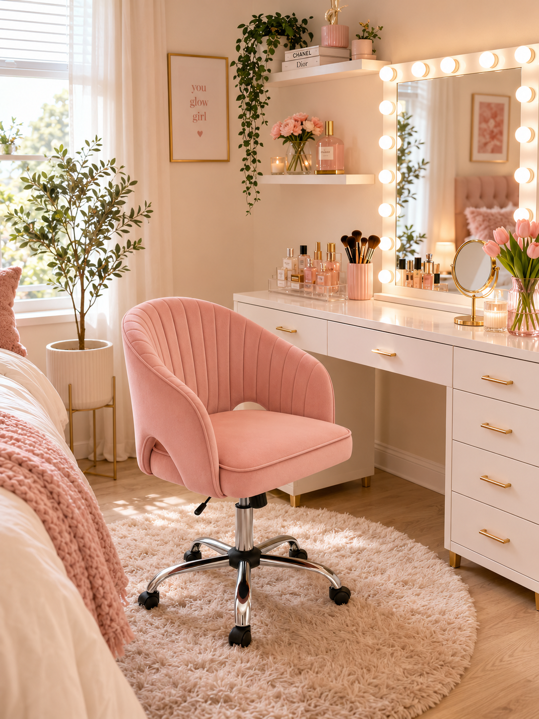 Blush Pink Velvet Modern Swivel Vanity Chair