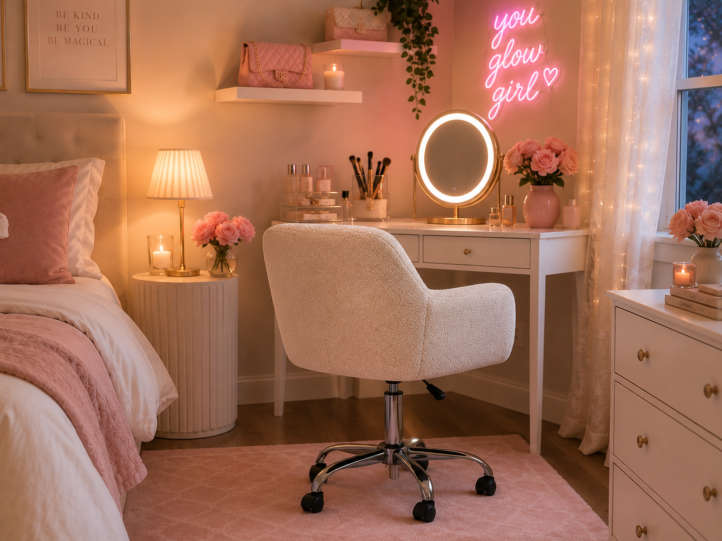 Silla de tocador giratoria ajustable de felpa blanca