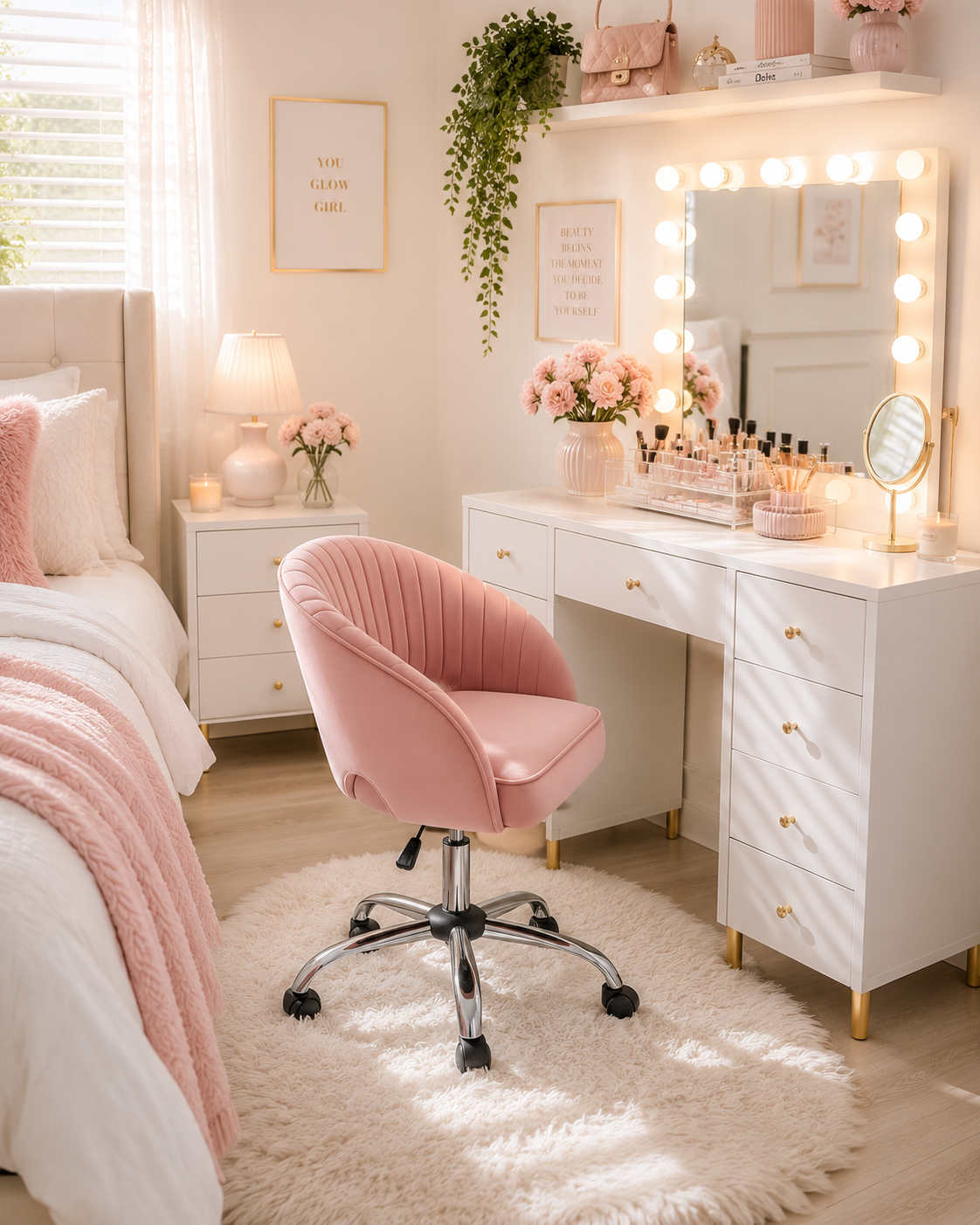 Blush Pink Velvet Modern Swivel Vanity Chair