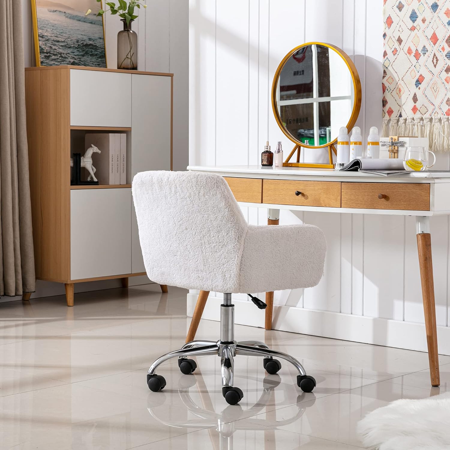 White Plush Adjustable Swivel Vanity Chair - Hollywood Vanity