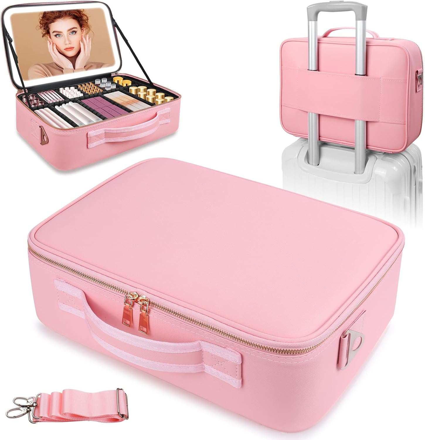 Pink Large Makeup Bag with Mirror