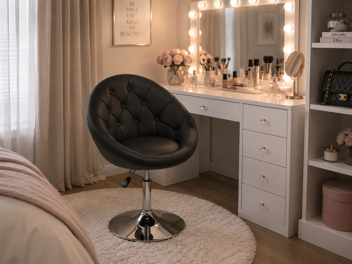 Black Leather Round Tufted Swivel Vanity Chair