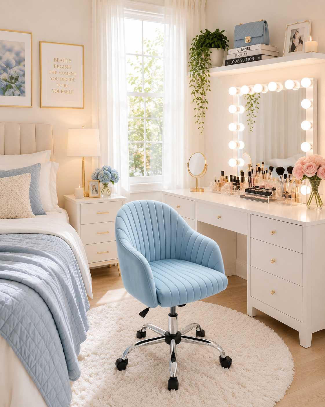 Slate Blue Velvet Modern Swivel Vanity Chair