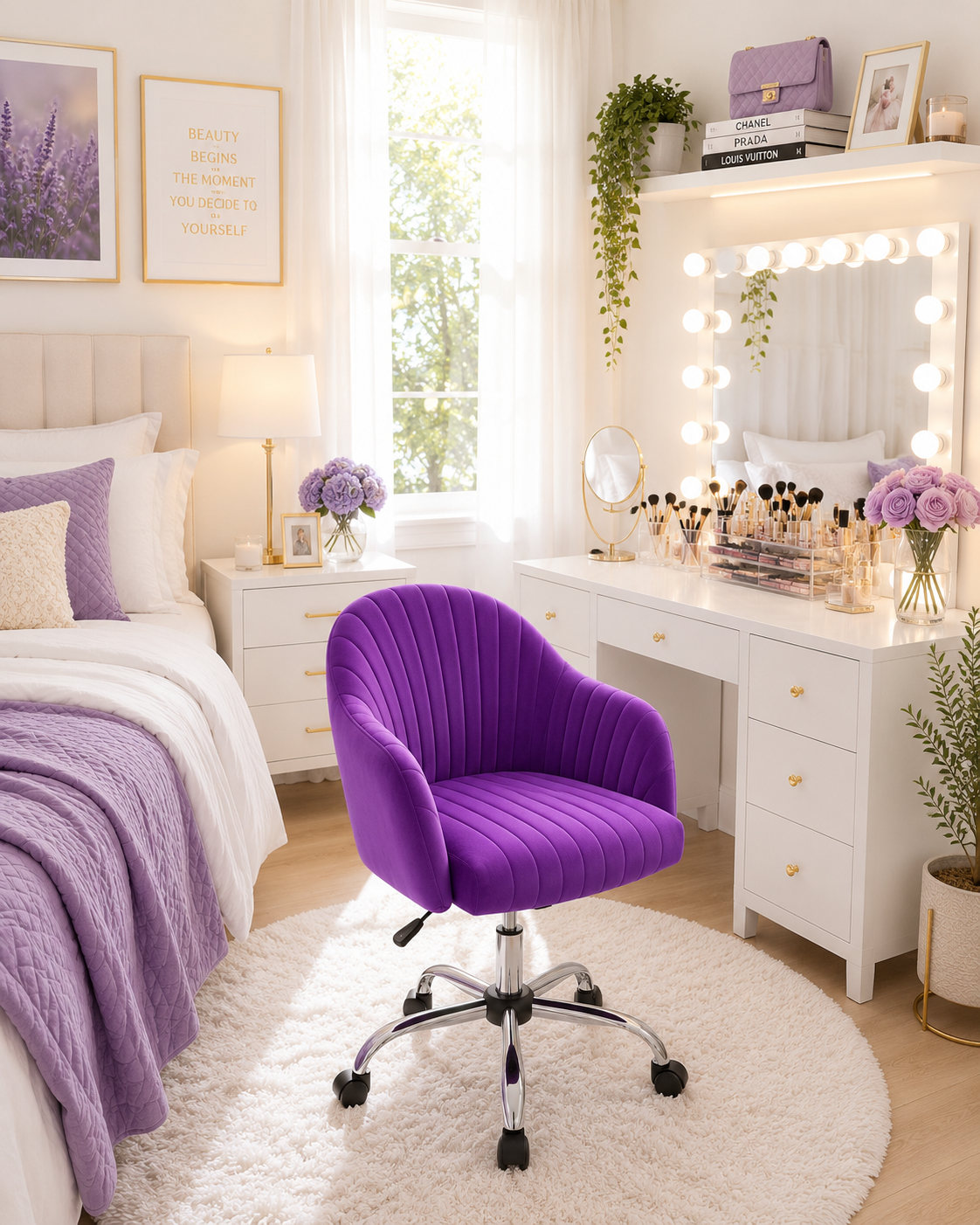Purple Velvet Modern Swivel Vanity Chair