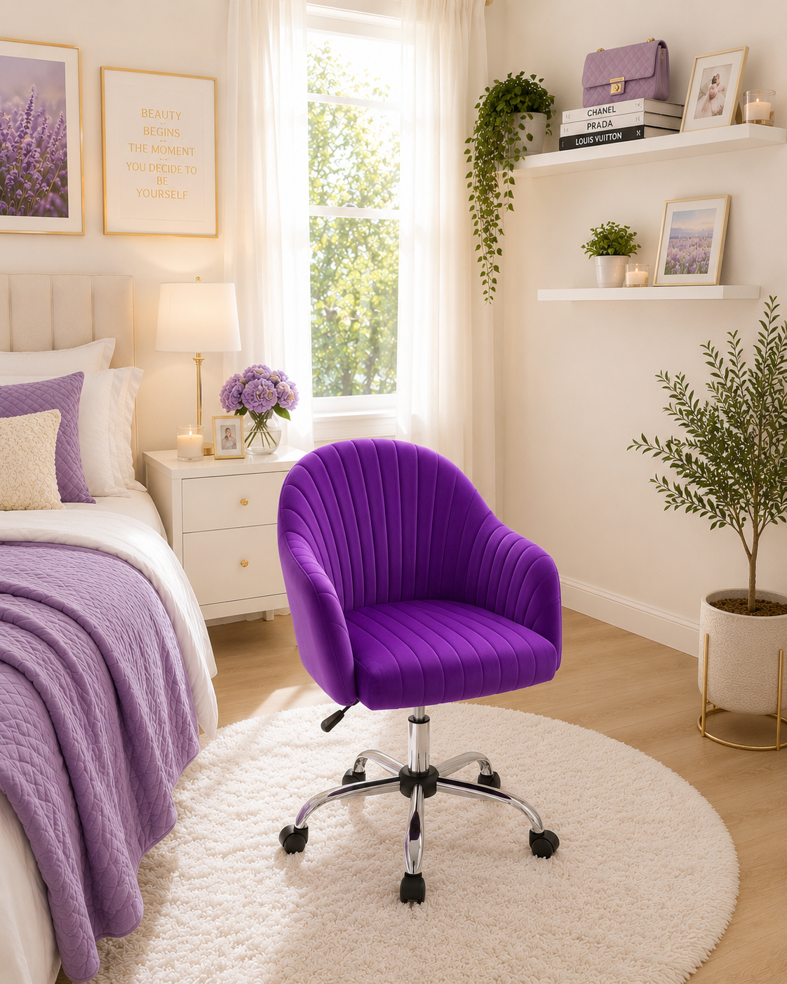 Purple Velvet Modern Swivel Vanity Chair
