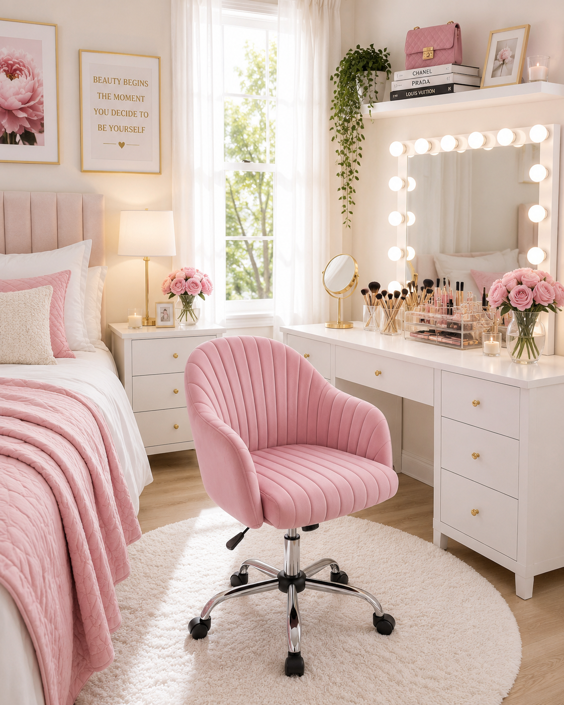Blush Pink Velvet Modern Swivel Vanity Chair
