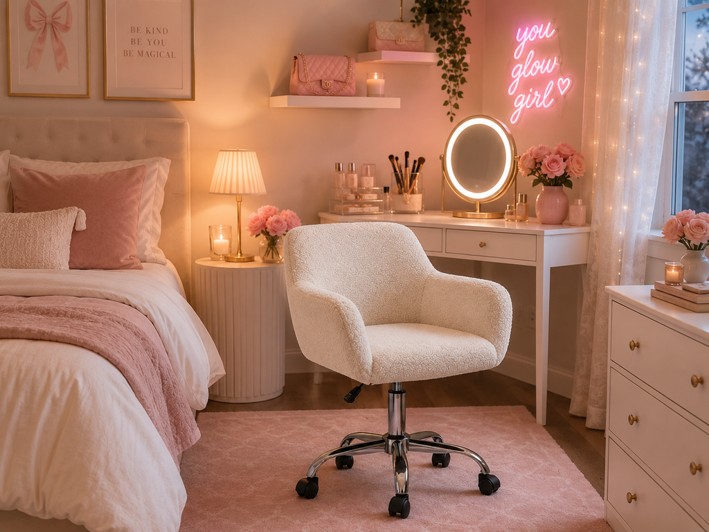 Silla de tocador giratoria ajustable de felpa blanca