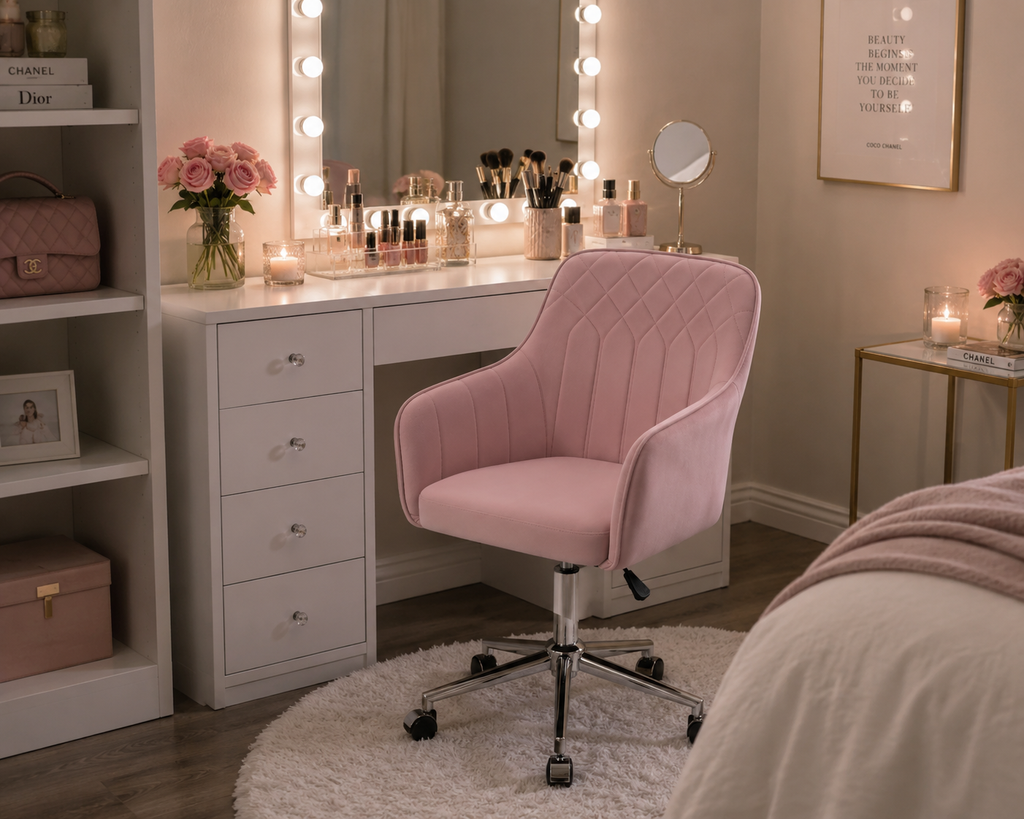 Pink Velvet Modern Swivel Vanity Chair