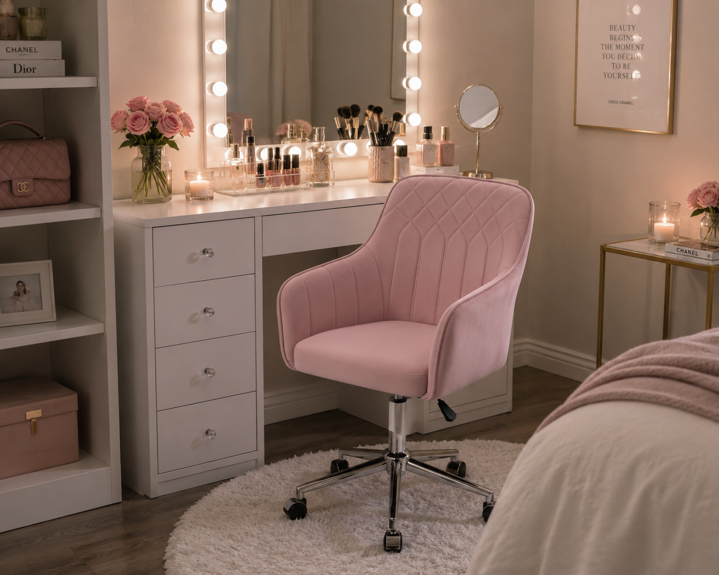 Pink Velvet Modern Swivel Vanity Chair