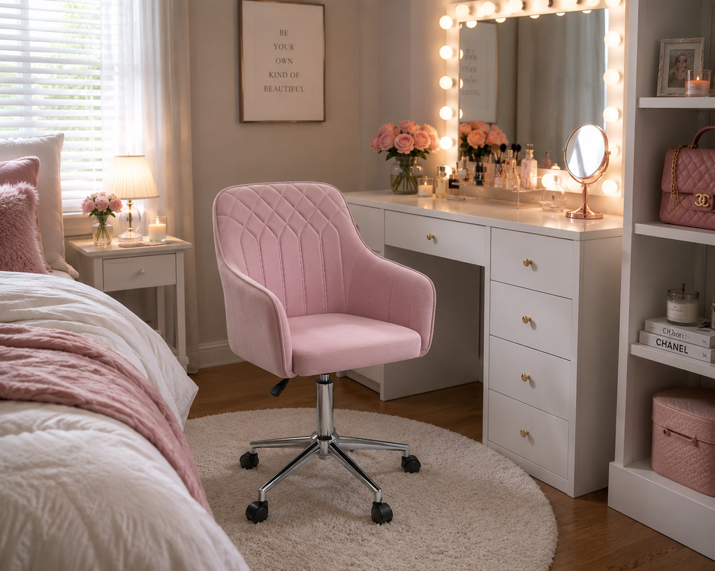 Pink Velvet Modern Swivel Vanity Chair