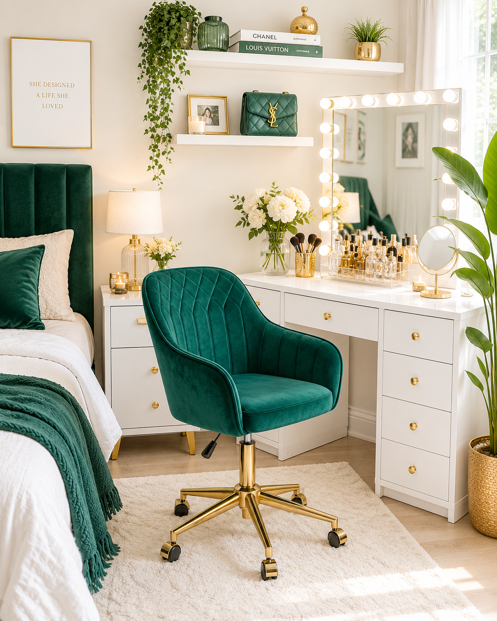 Green Velvet Modern Swivel Vanity Chair
