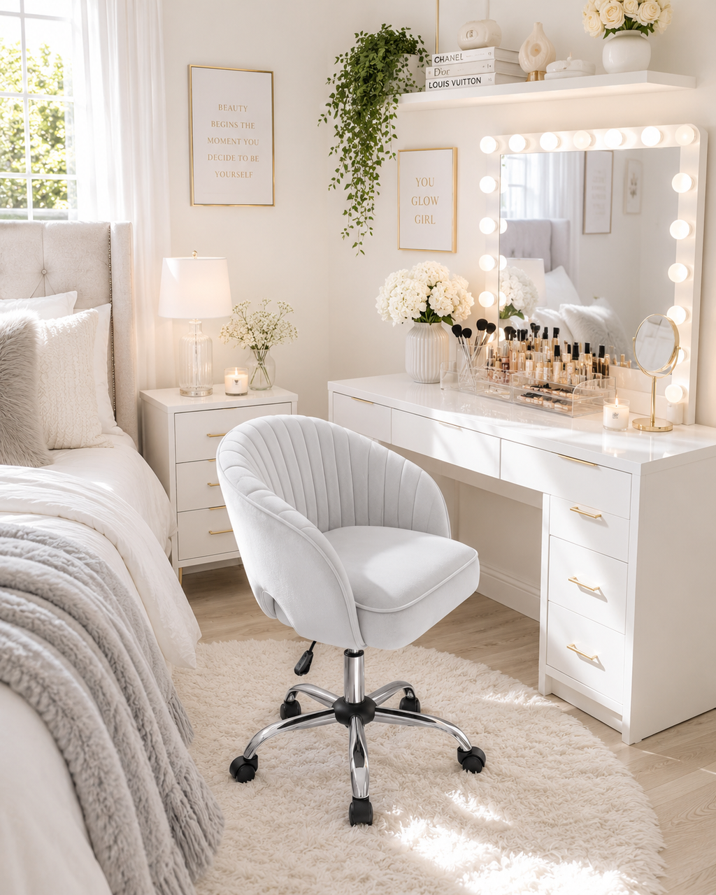 Light Gray Velvet Modern Swivel Vanity Chair
