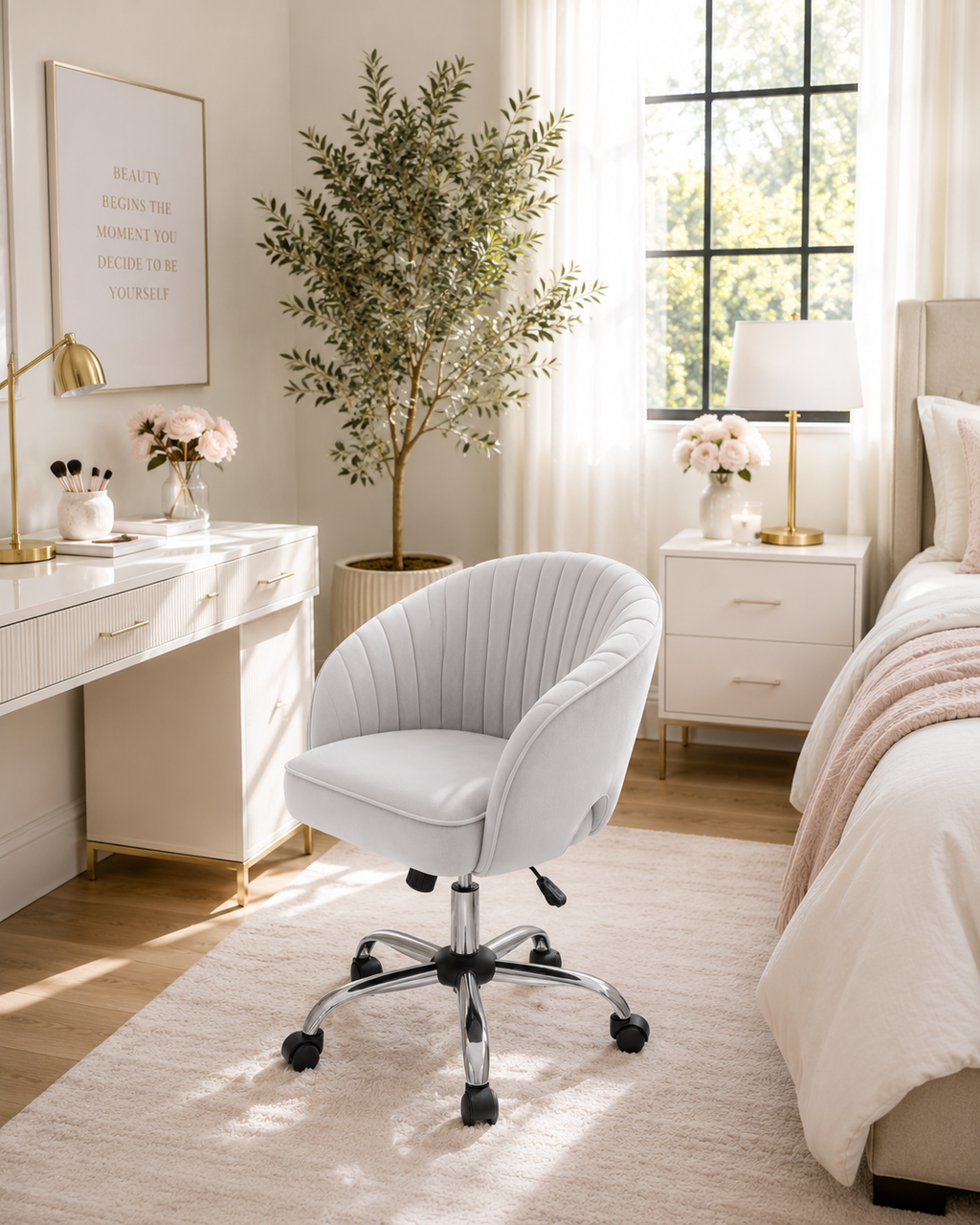 Light Gray Velvet Modern Swivel Vanity Chair