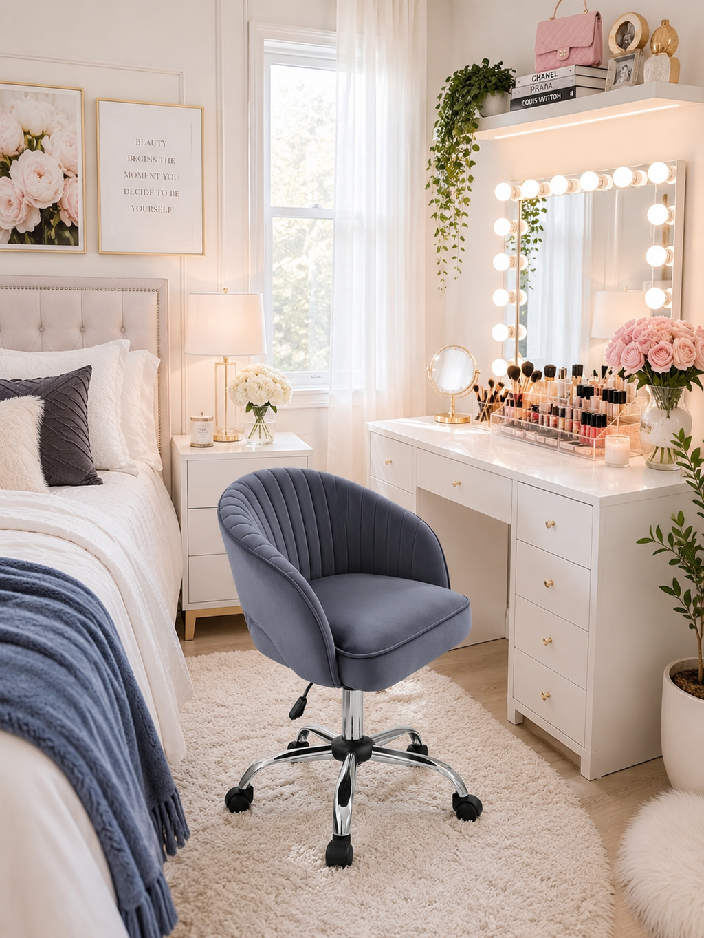 Dark Gray Velvet Modern Swivel Vanity Chair