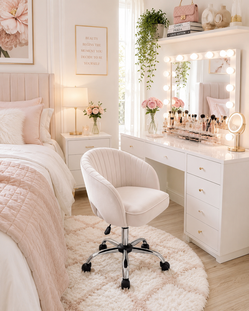 Cream Velvet Modern Swivel Vanity Chair