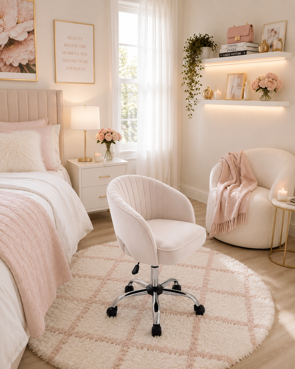 Cream Velvet Modern Swivel Vanity Chair