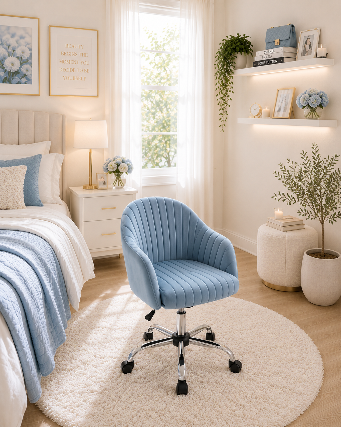 Slate Blue Velvet Modern Swivel Vanity Chair