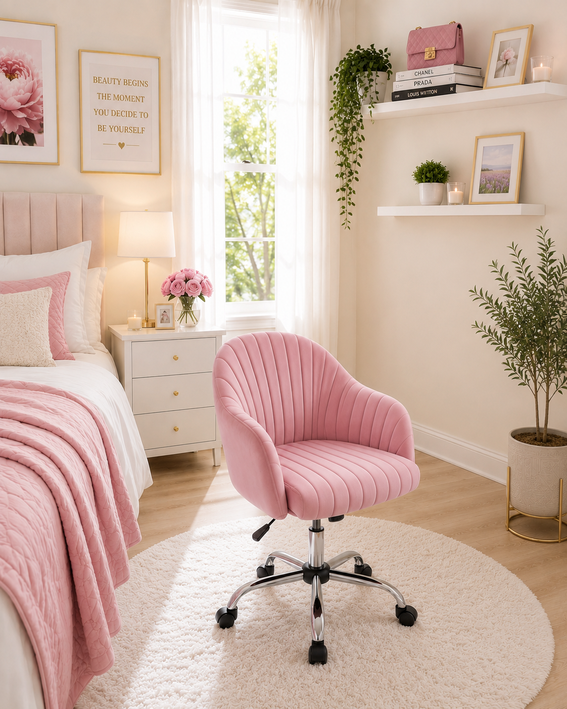 Blush Pink Velvet Modern Swivel Vanity Chair