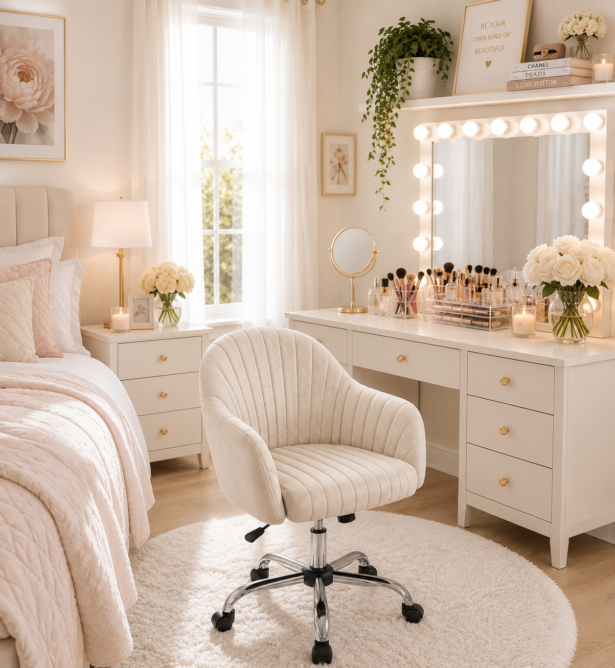 Beige Velvet Modern Swivel Vanity Chair