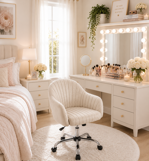 Beige Velvet Modern Swivel Vanity Chair