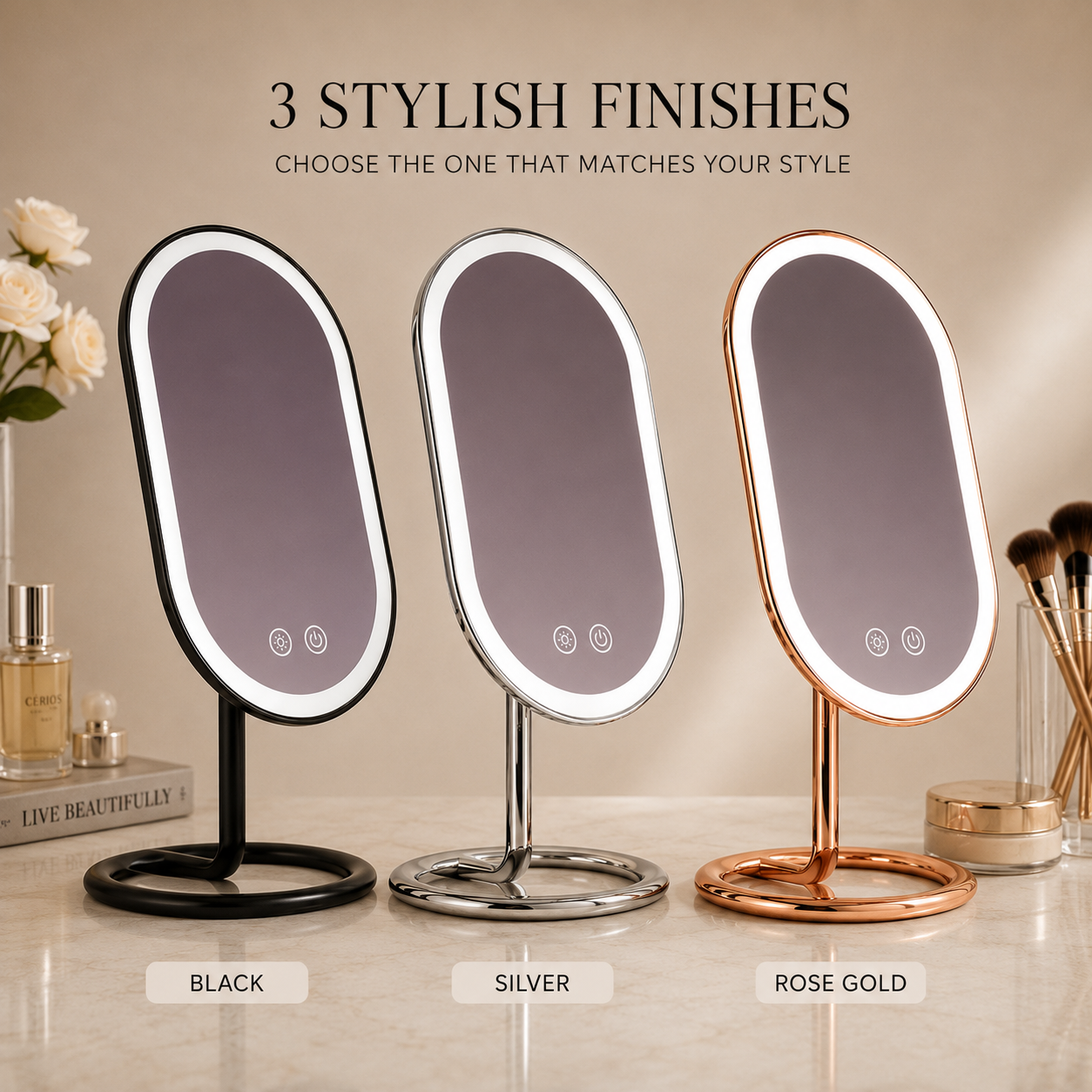 Rechargeable LED Vanity Mirror with Tri-Tone Lighting & Touch Controls