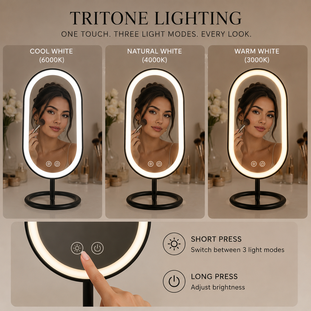 Rechargeable LED Vanity Mirror with Tri-Tone Lighting & Touch Controls