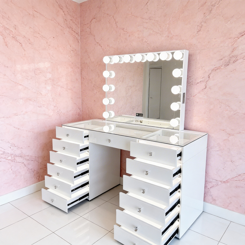 The Angelina Hollywood Makeup Vanity Station - White - Hollywood Vanity