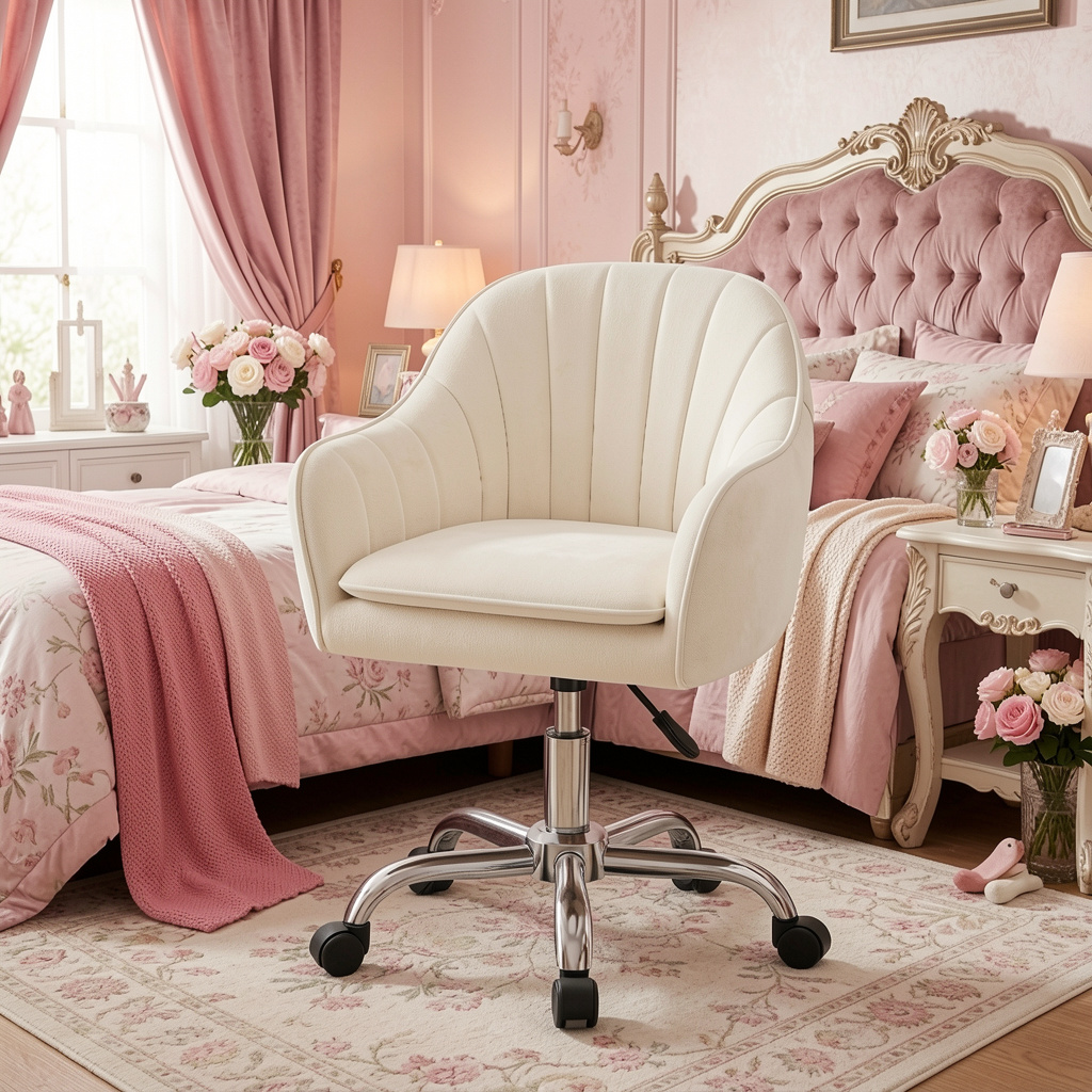 Beige Velvet Adjustable Swivel Vanity Chair