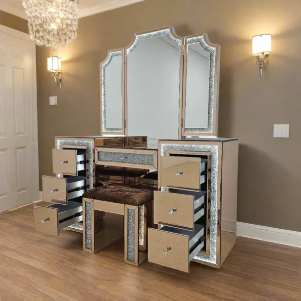 Oprah All Mirrored Glam Makeup Vanity Station With Stool - Image 4